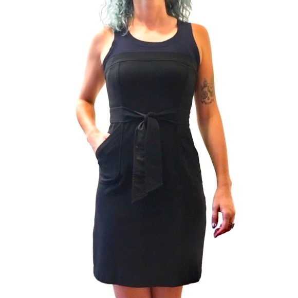 Theory Black Layered Ponte Dress Knit Sleeveless Tie Waist A-Line Mini Women 2 - Picture 1 of 8
